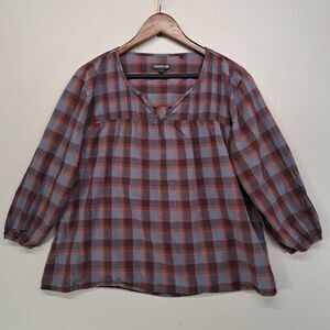 Toad & Co Plaid Tunic Shirt Large Womens Blue Maroon Organic Cotton Blouse